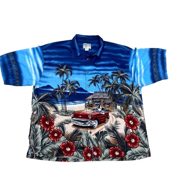 Big Dogs Hawaiian Shirt 3X  Beach Car & Palm Tree Print Rayon Fabric - Picture 1 of 11